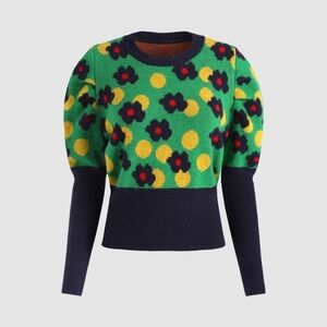Cider Floral Patterned Green and Navy Sweater with Puffy Sleeves Size S